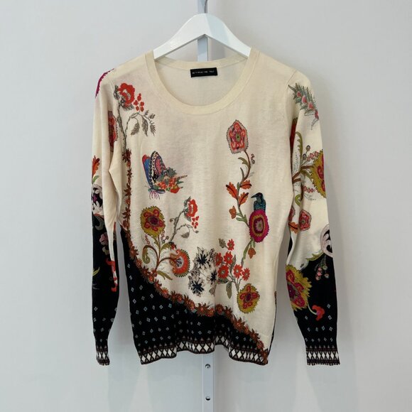 ETRO CREAM MULTI FLORAL BIRD PRINT SILK CASHMERE SWEATER SIZE IT 46 / US 12